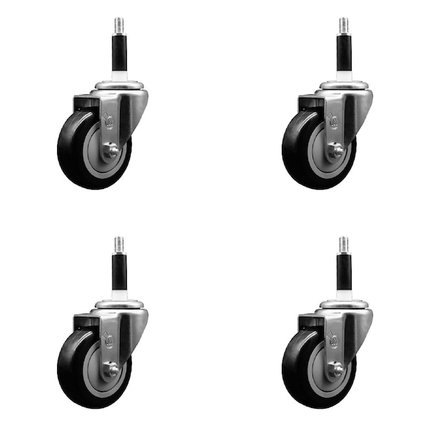 3.5'' SS Black Poly Wheel Swivel 7/8'' Expanding Stem Caster Set, 4PK